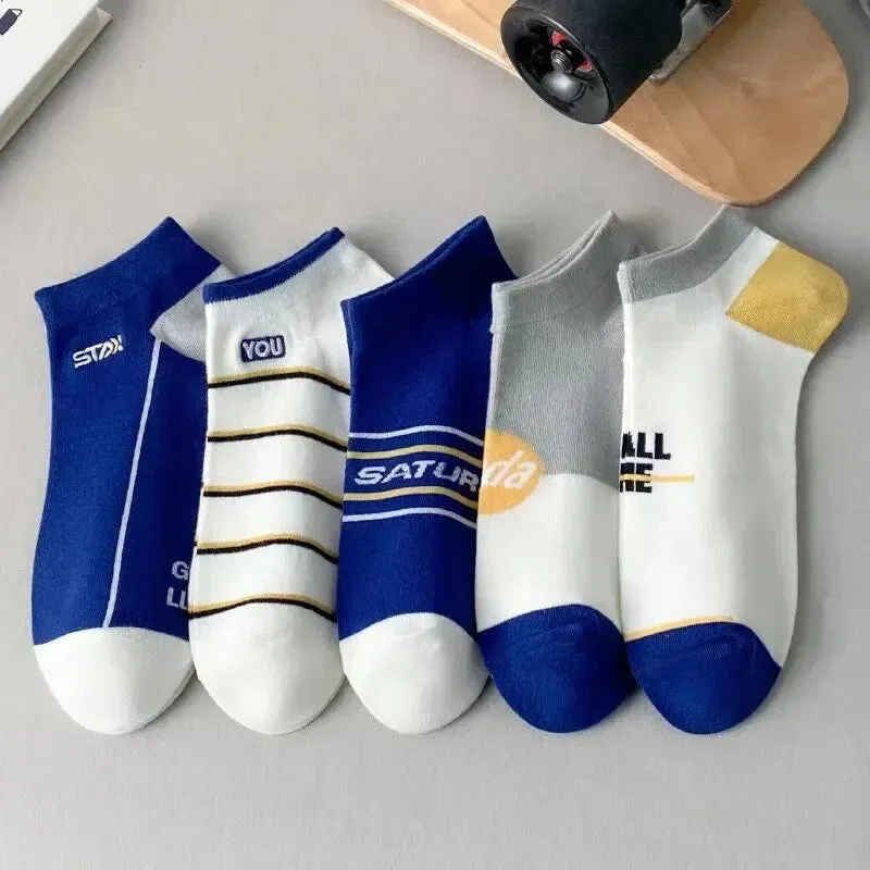 5pairs Men's Fashion Sports Socks, Striped Cotton Sweat Absorption Breathable Comfortable Ankle Socks