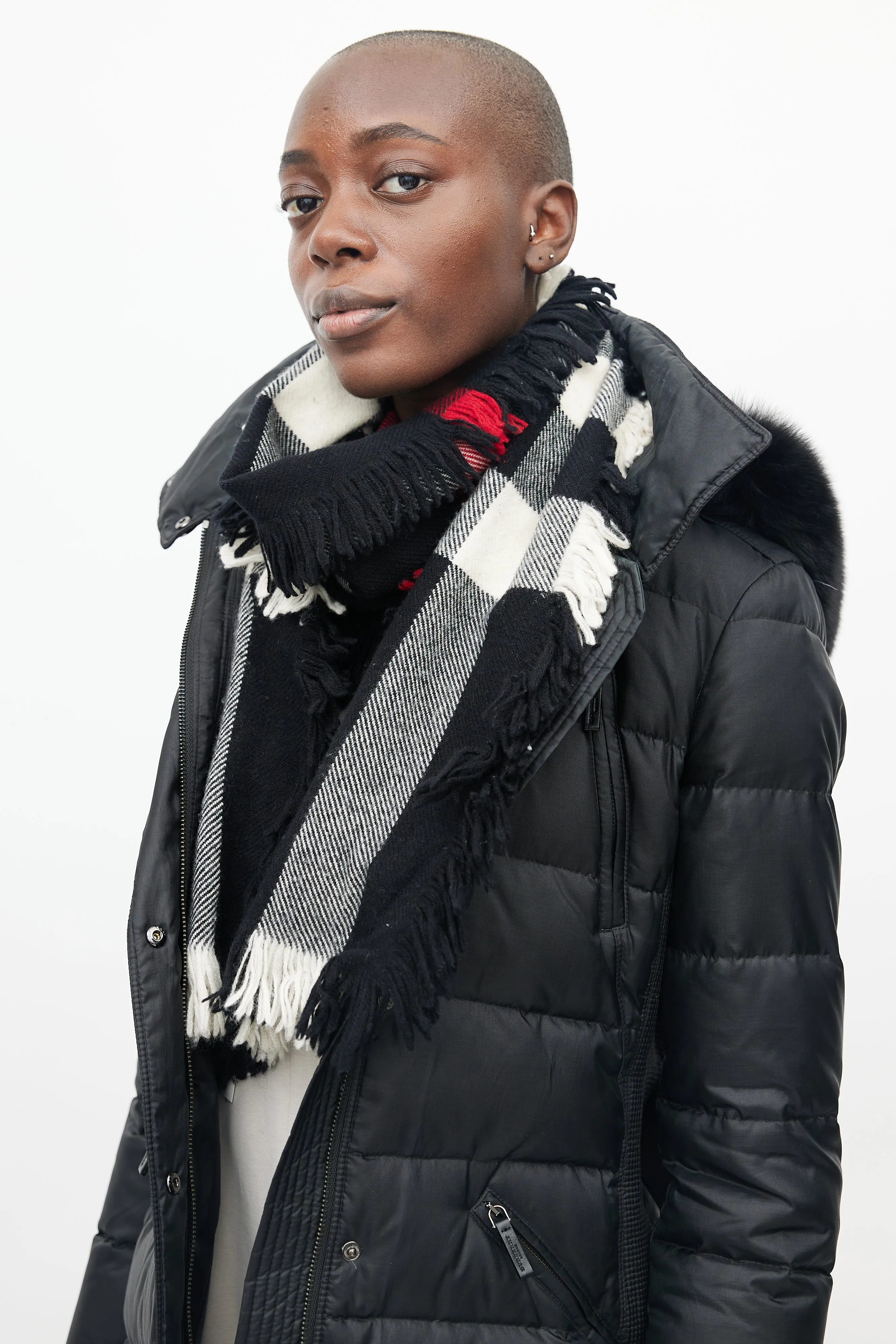 Black & White Plaid Fringe Scarf