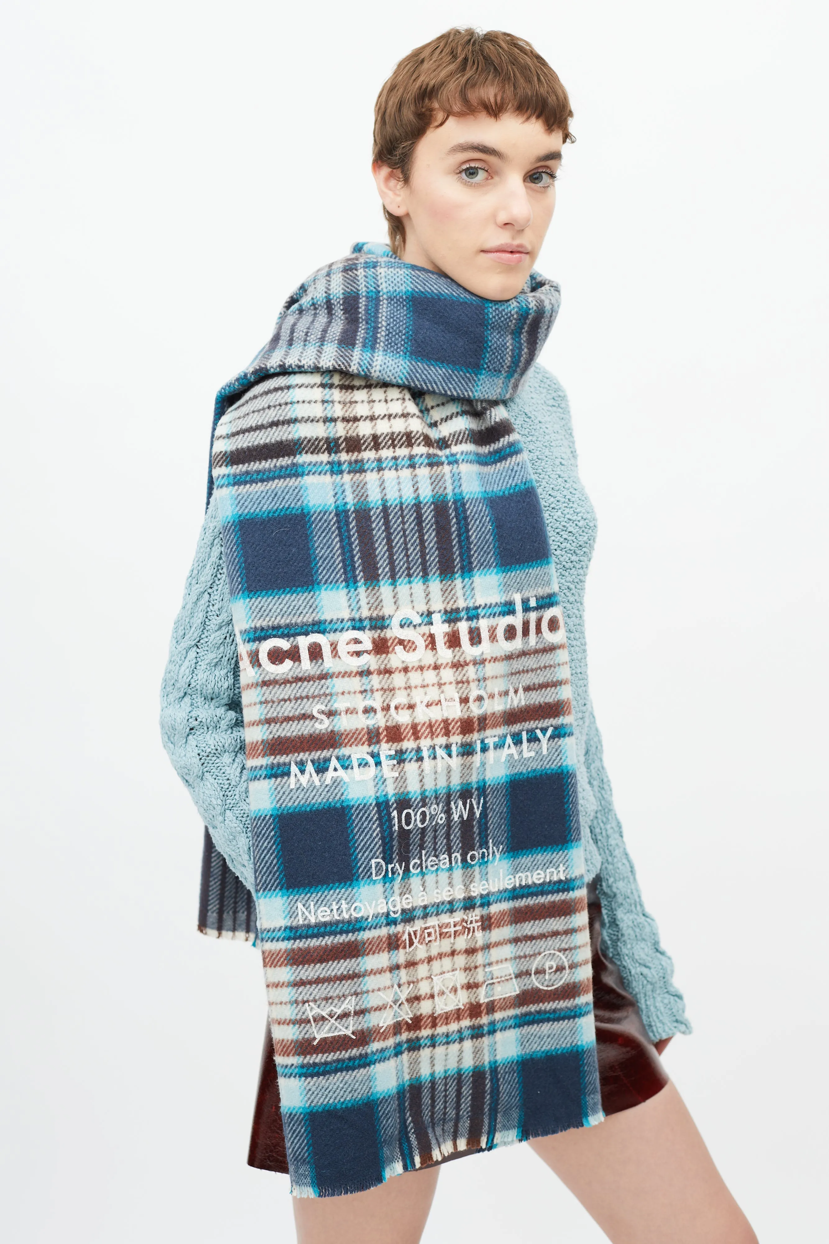 Blue & Brown Wool Logo Plaid Scarf