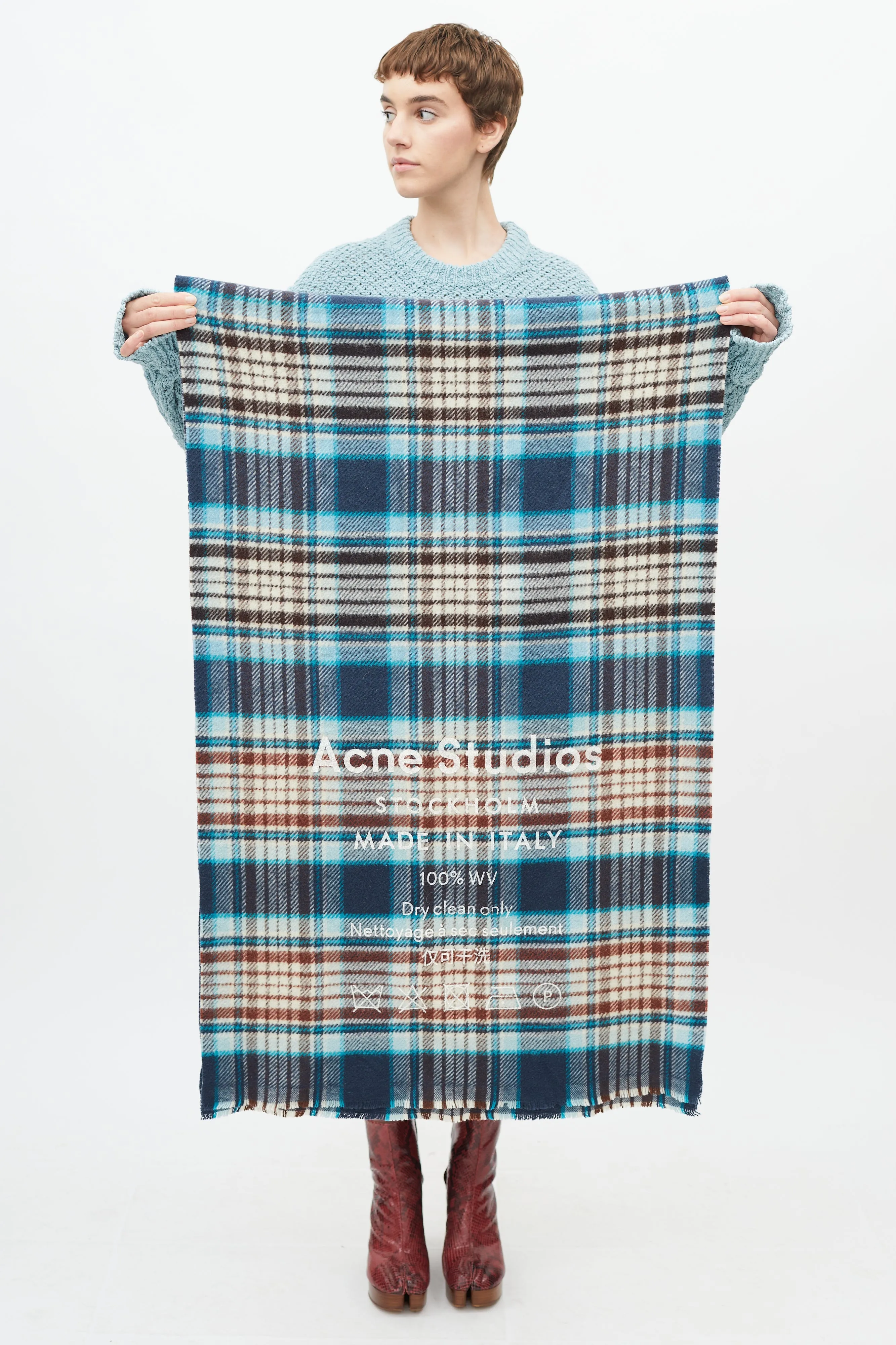 Blue & Brown Wool Logo Plaid Scarf
