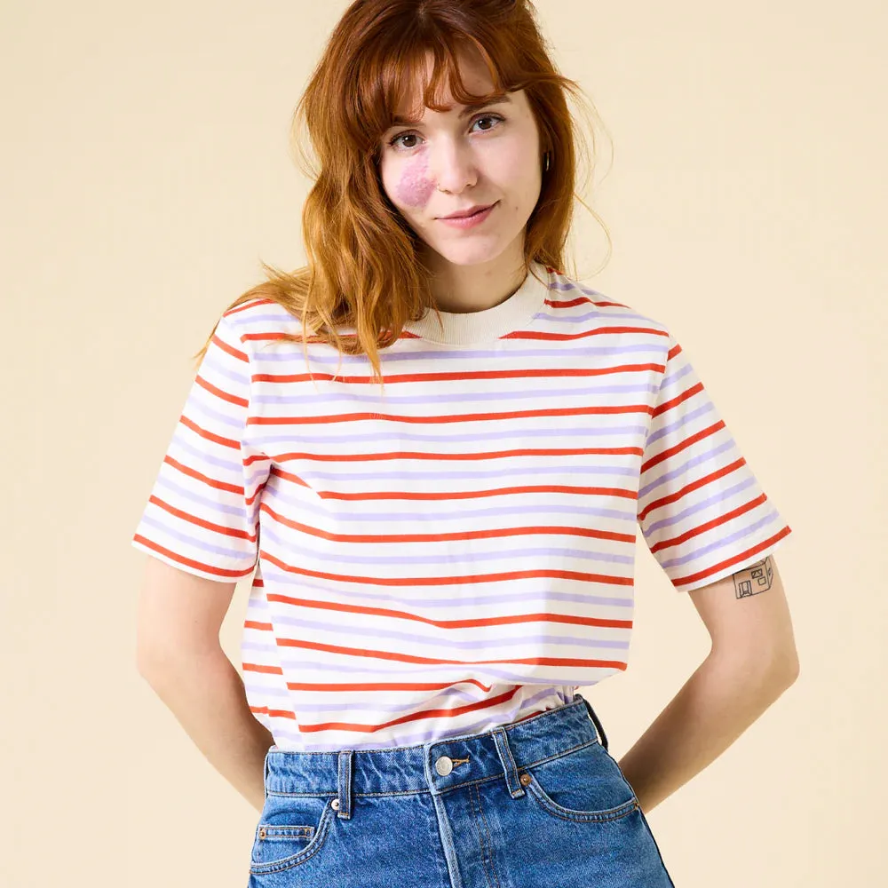 Organic Cotton T-Shirt (Striped) in Red/Lilac/White