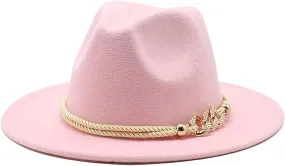 Pink Wide Brim Felt Fedora Panama Hat with Ring Belt