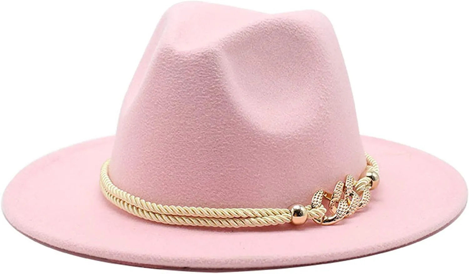 Pink Wide Brim Felt Fedora Panama Hat with Ring Belt