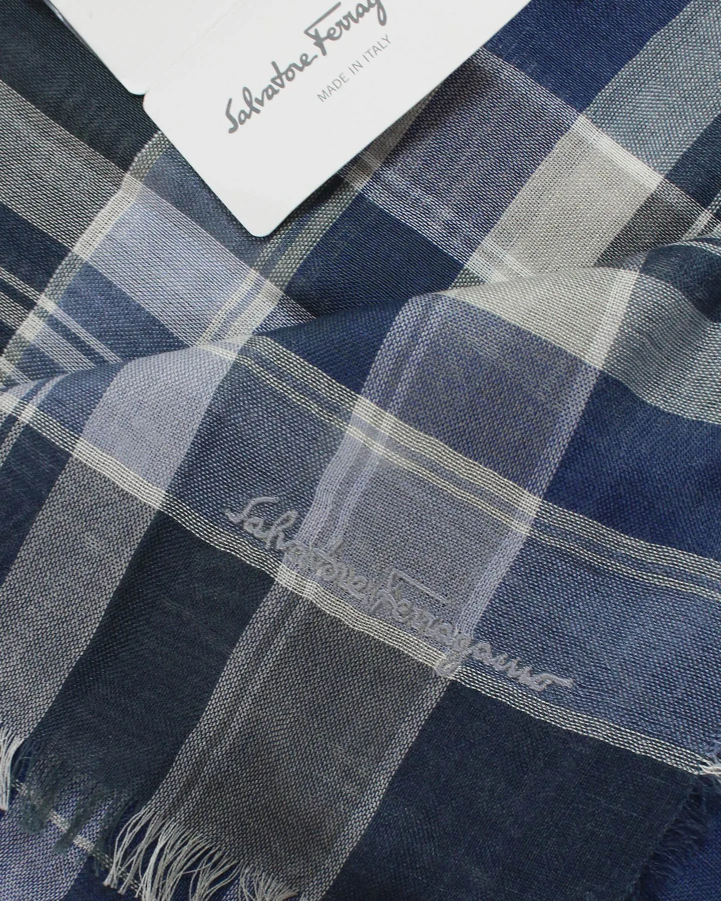 Salvatore Ferragamo Square Scarf Blue Gray Plaid - Cotton Silk - SALE