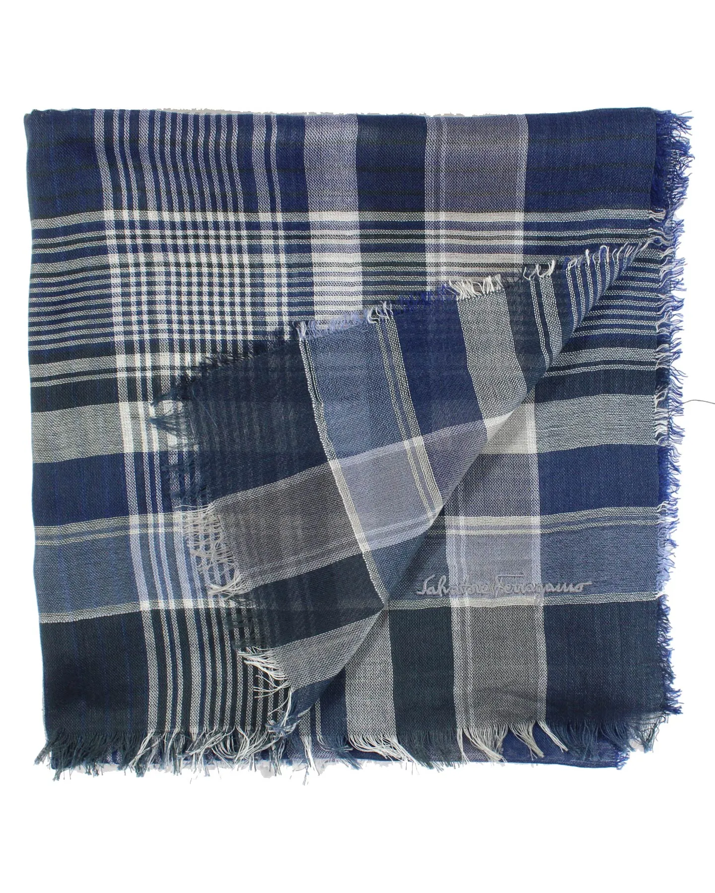 Salvatore Ferragamo Square Scarf Blue Gray Plaid - Cotton Silk - SALE