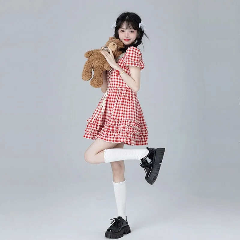 Sweet Ballet Style Red Plaid Strappy Dress