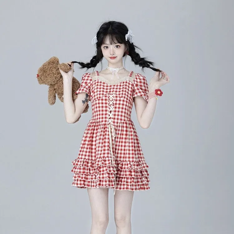 Sweet Ballet Style Red Plaid Strappy Dress