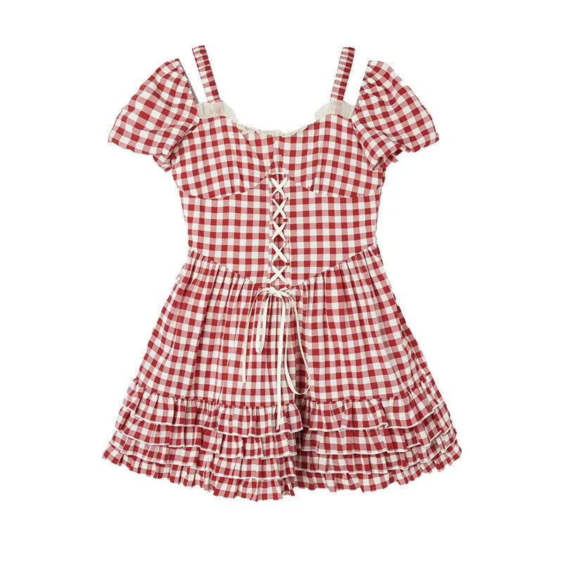 Sweet Ballet Style Red Plaid Strappy Dress