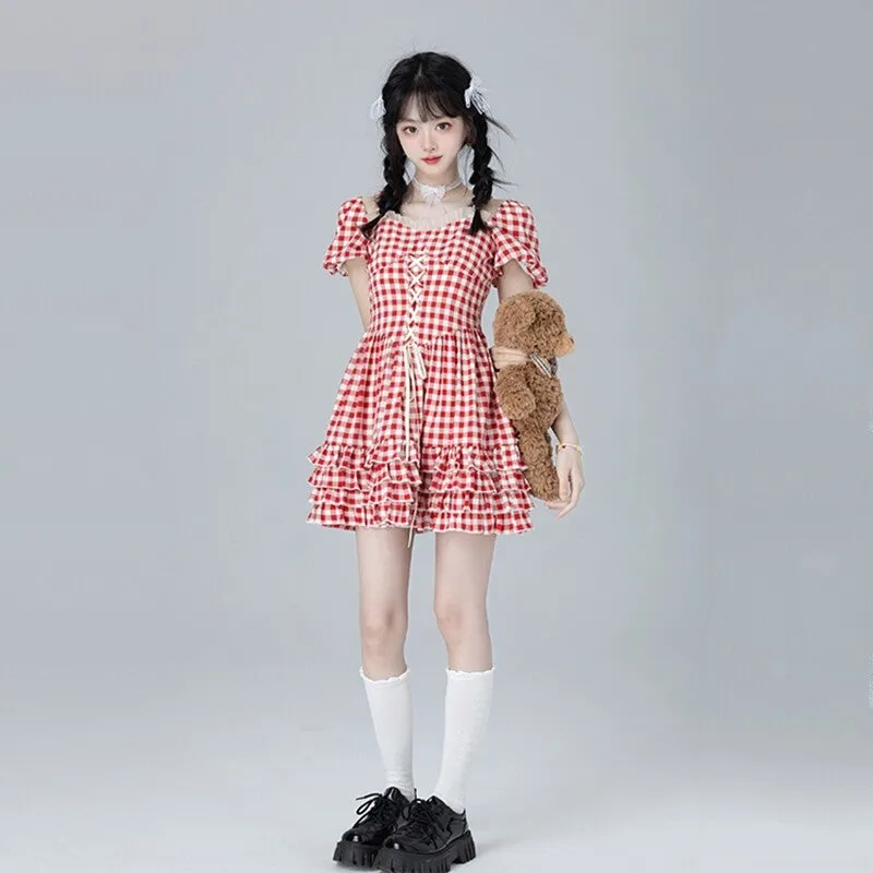 Sweet Ballet Style Red Plaid Strappy Dress