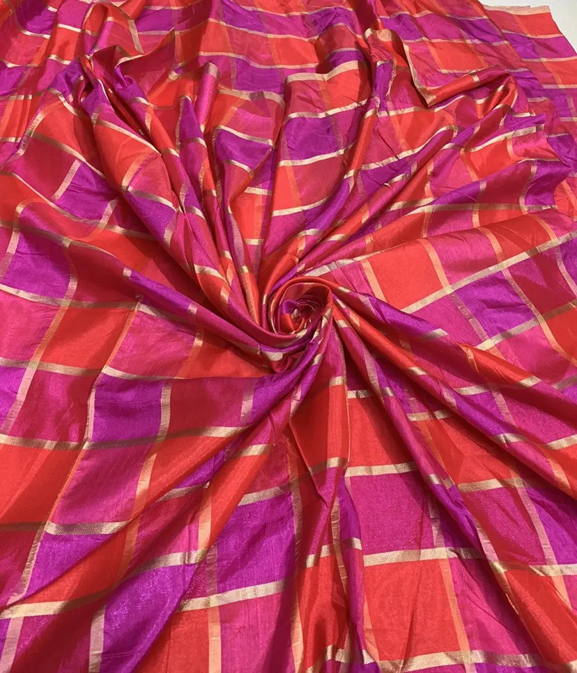 Vescose matalic plaid soft silky fabric 44" wide beautiful fusia pink red gold color