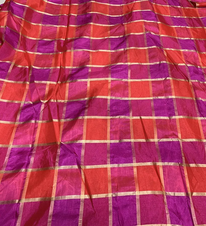 Vescose matalic plaid soft silky fabric 44&quot; wide  beautiful fusia pink red gold color