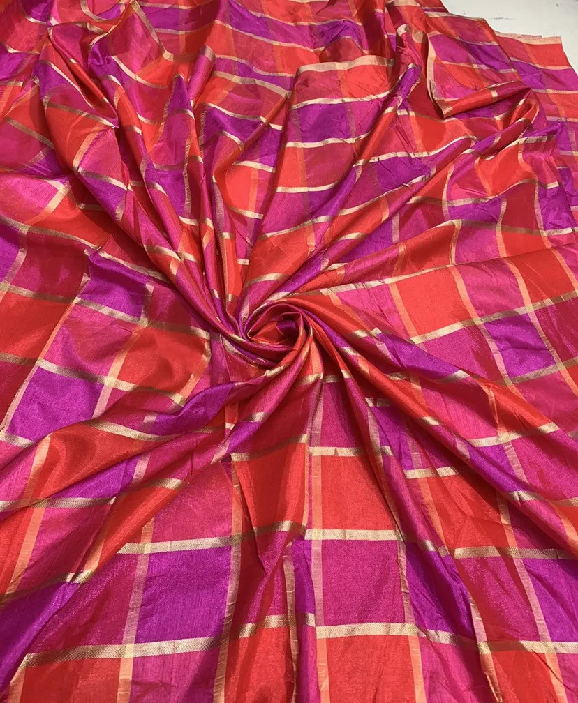 Vescose matalic plaid soft silky fabric 44" wide beautiful fusia pink red gold color