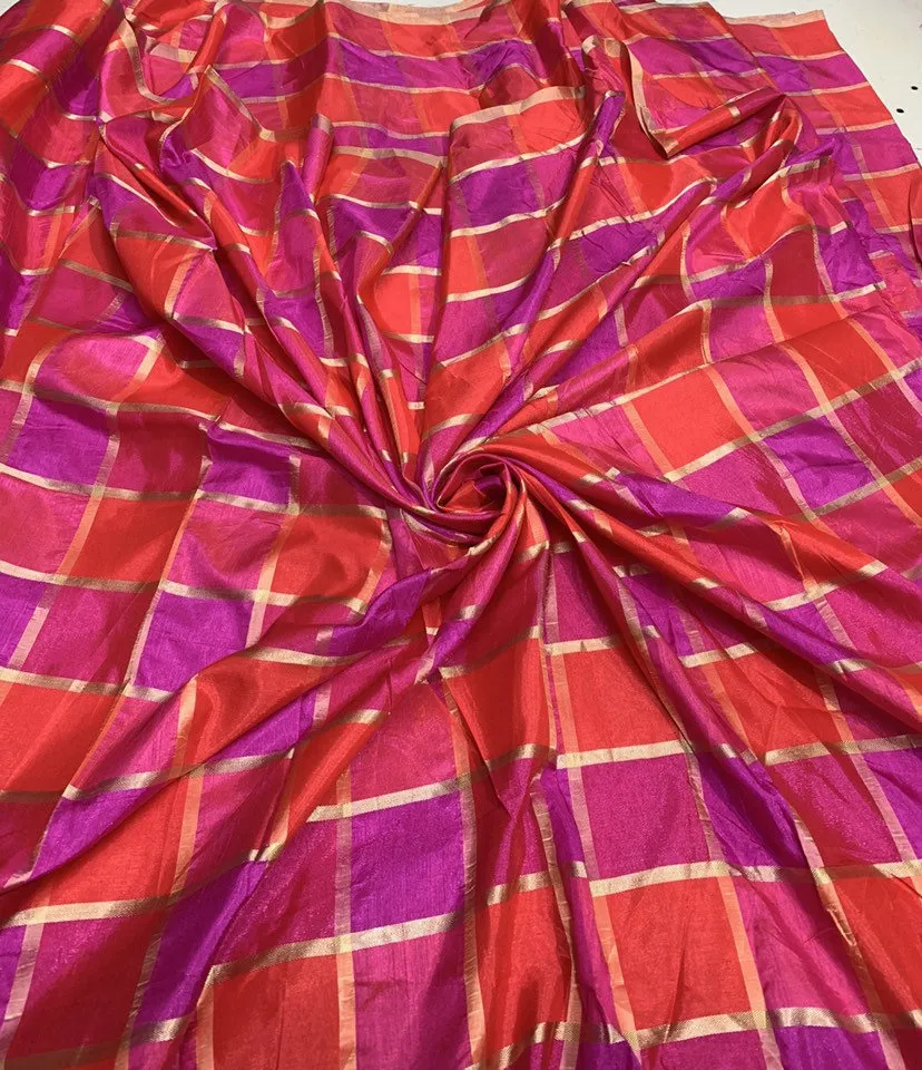 Vescose matalic plaid soft silky fabric 44" wide beautiful fusia pink red gold color